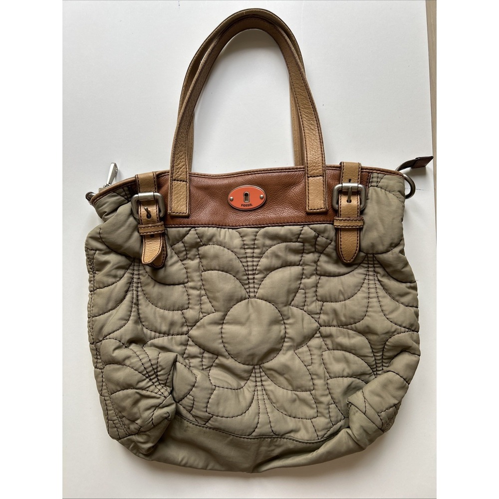 Fossil Floral Quilted Shoulder Bag Zip Double Handles Beige Brown Women